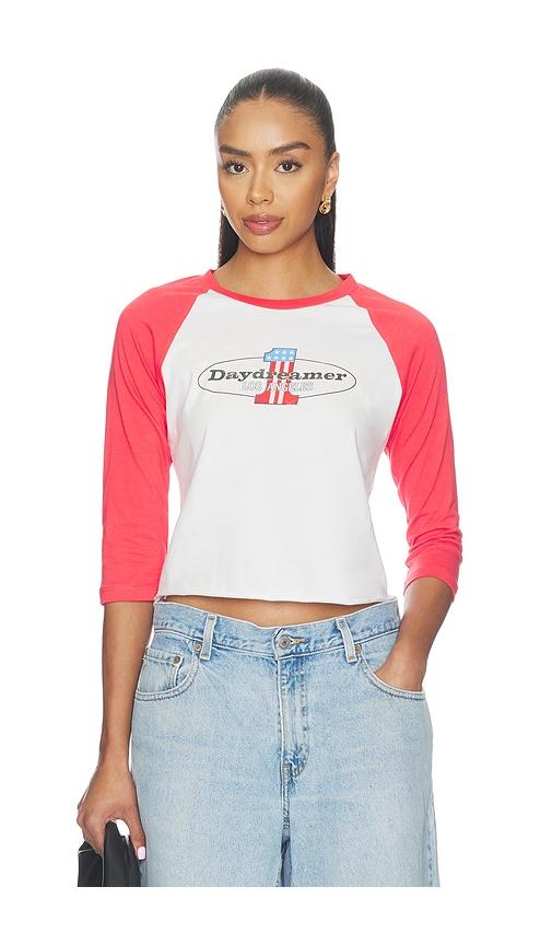 daydreamer number one raglan tee in coral. - size l (also in m, s, xl, xs)