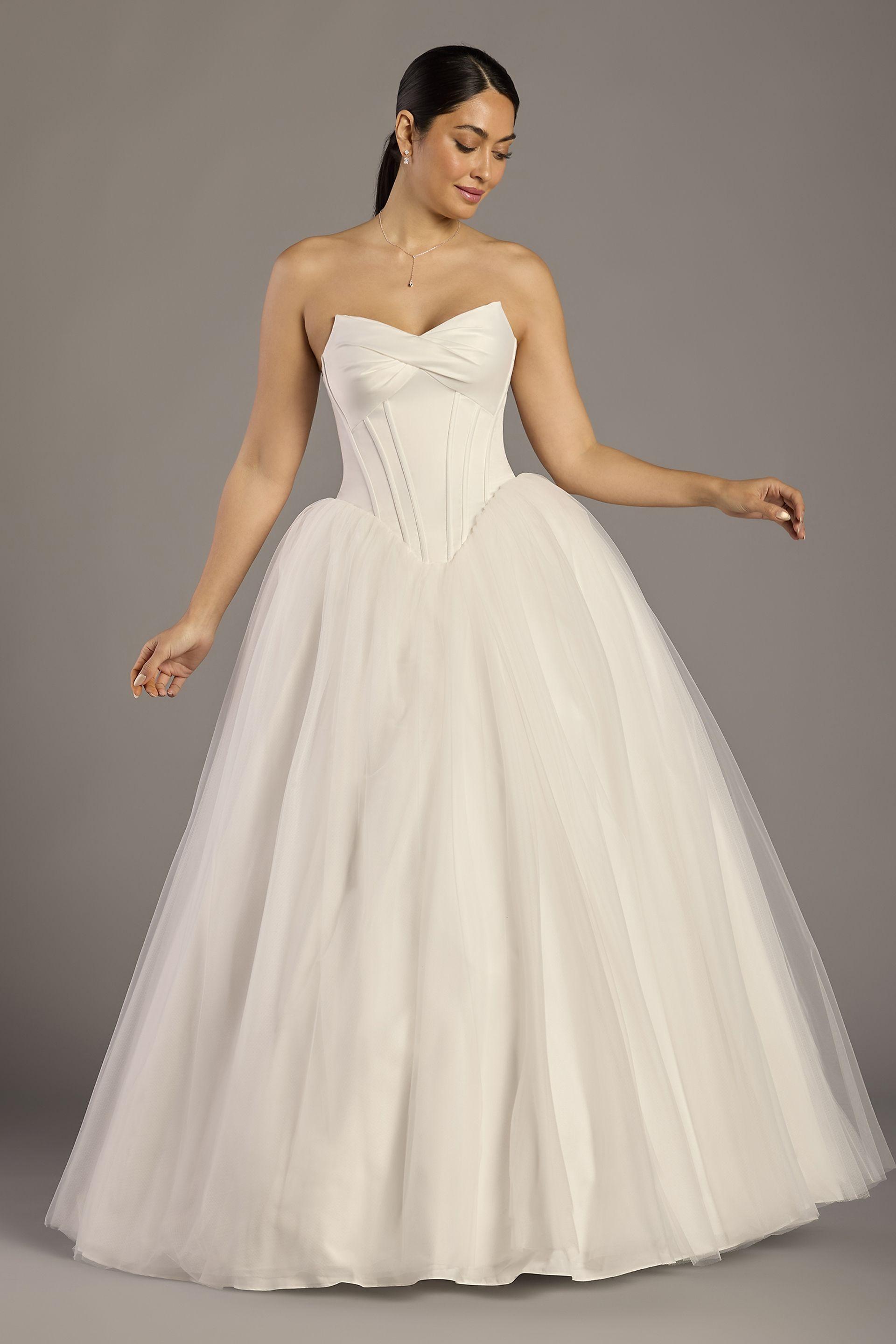 db studio sculpted strapless satin and tulle ball gown in soft white size: 12 david's bridal