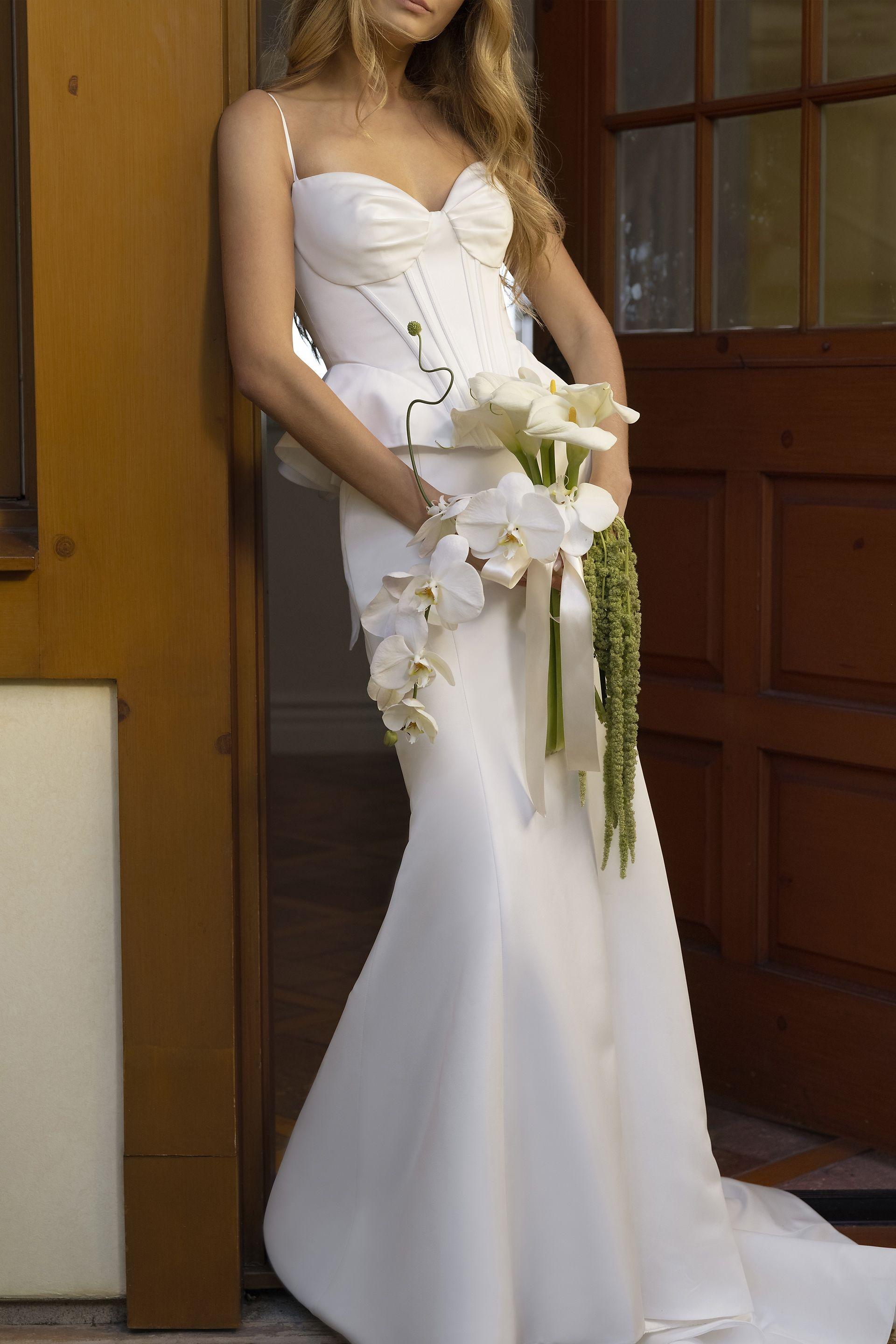 db studio two-piece satin peplum mermaid dress in soft white size: 14 david's bridal