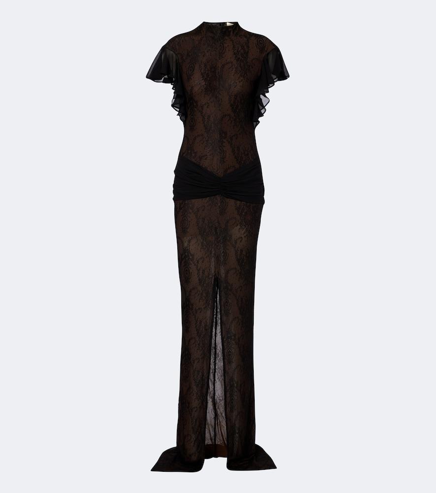de la vali omero ruched lace maxi dress