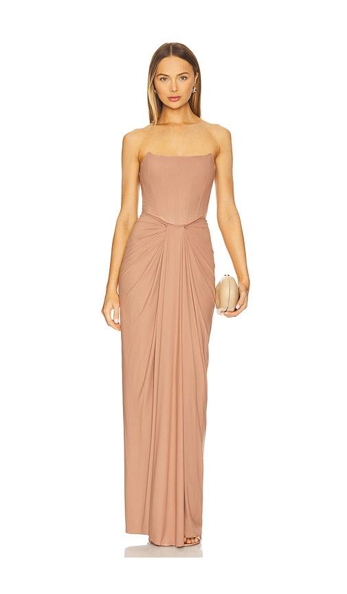 deme by gabriella x revolve pearl gown in brown. - size l (also in xs, s, m)