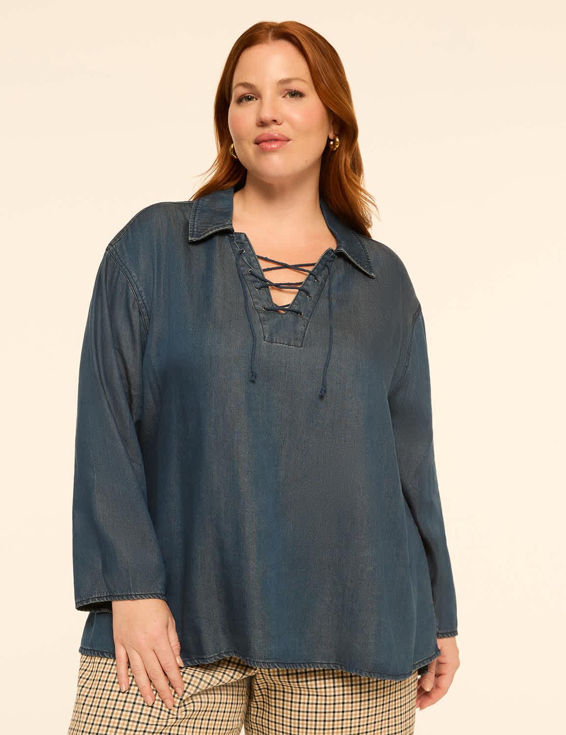 denim collared lace-up top