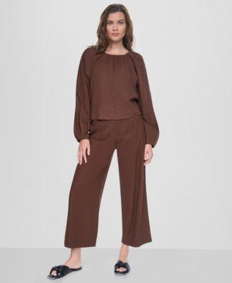 dkny jeans womens raglan long sleeve shirred neckline top high rise cropped wide leg pants