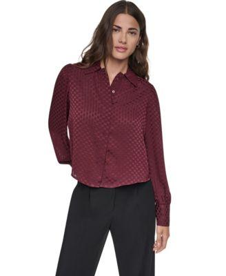 dkny womens long sleeve puff sleeve button front blouse