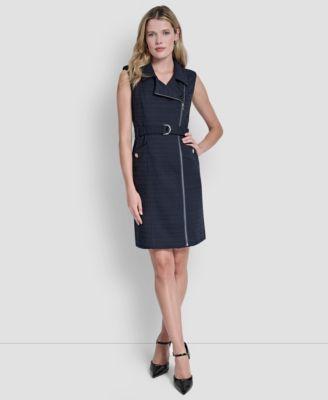 dkny womens sleeveless zipper front belted jacket dress