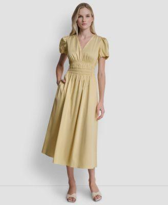 dkny womens smocked v neck midi dress