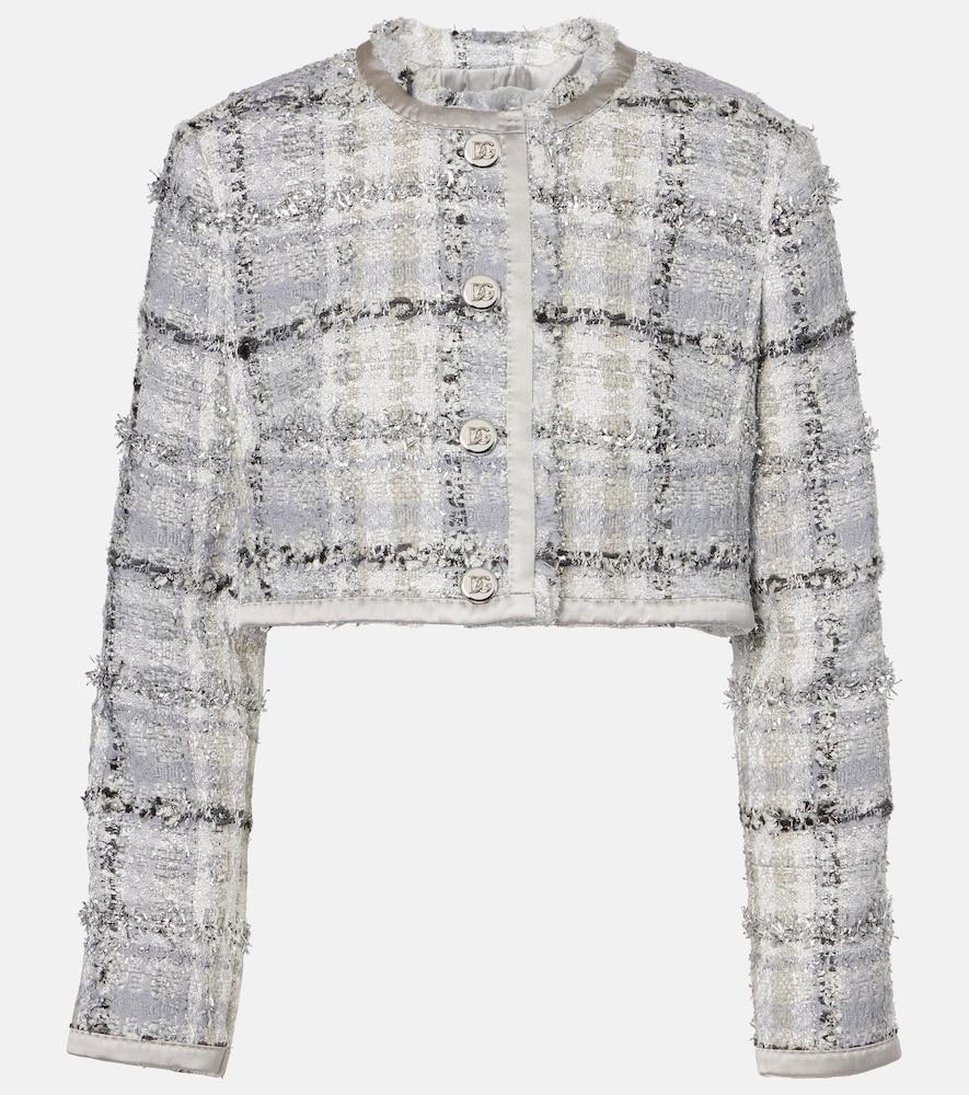 dolce & gabbana checked cropped lamé tweed jacket