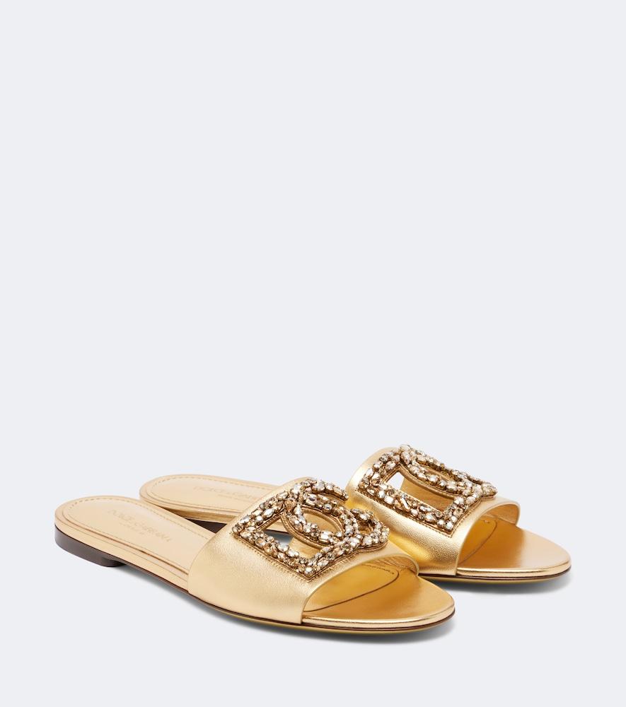dolce & gabbana dg embellished metallic leather slides