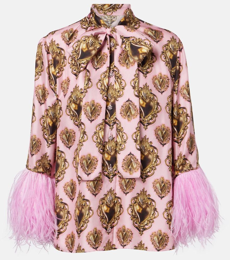 dolce & gabbana feather-trimmed printed silk blouse