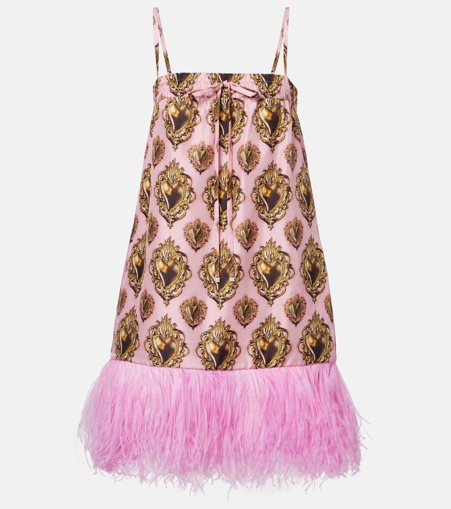 dolce & gabbana feather-trimmed printed silk minidress