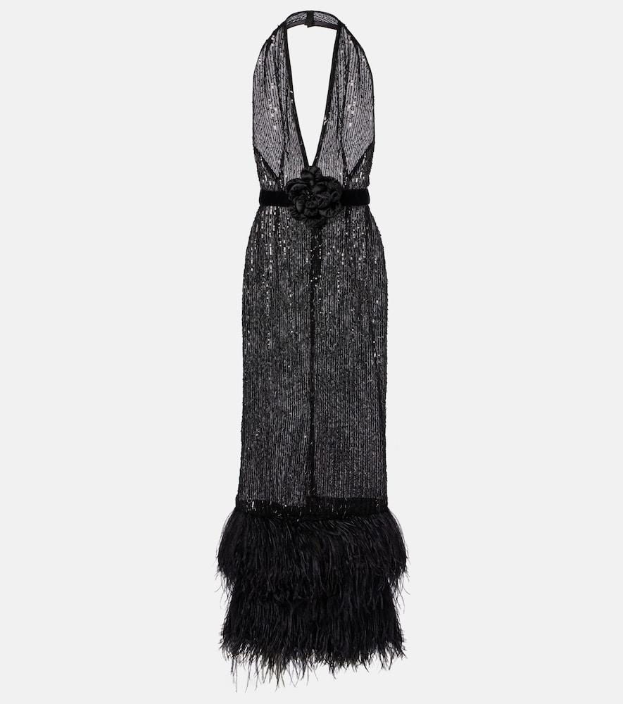 dolce & gabbana feather-trimmed sequined sheer gown