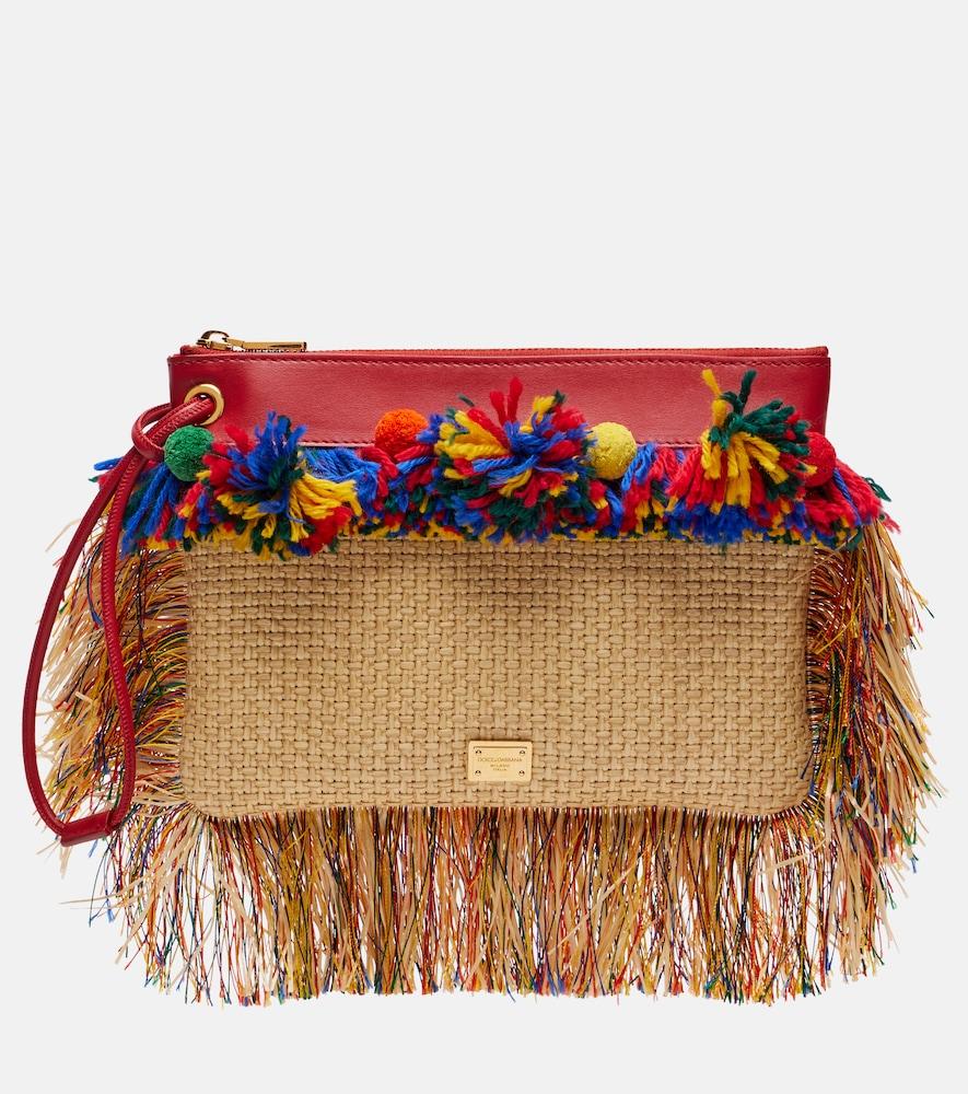 dolce & gabbana fringed woven leather-trimmed pouch