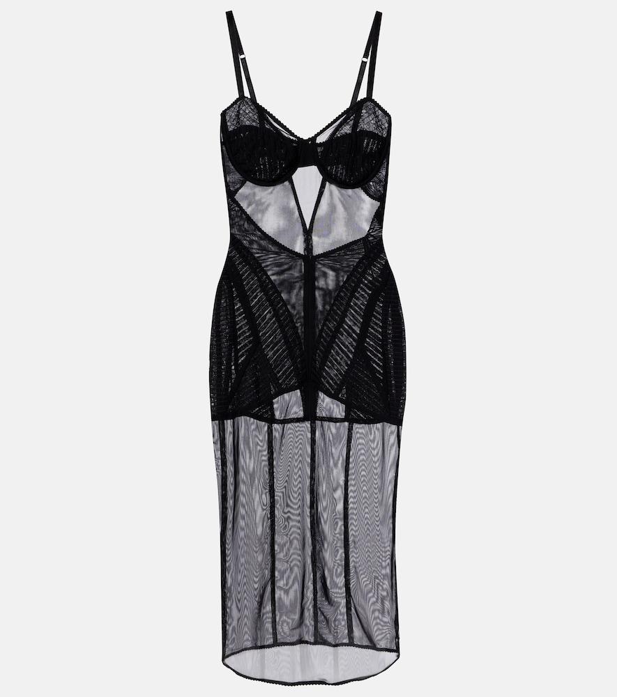 dolce & gabbana ruched sheer tulle midi dress