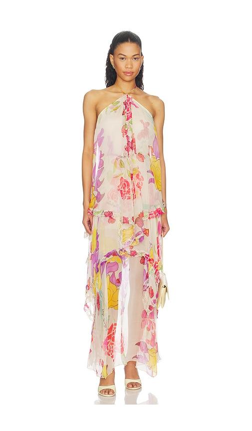 donde esteban flores silk chiffon long halter dress in beige,blush. - size l (also in m, xl)