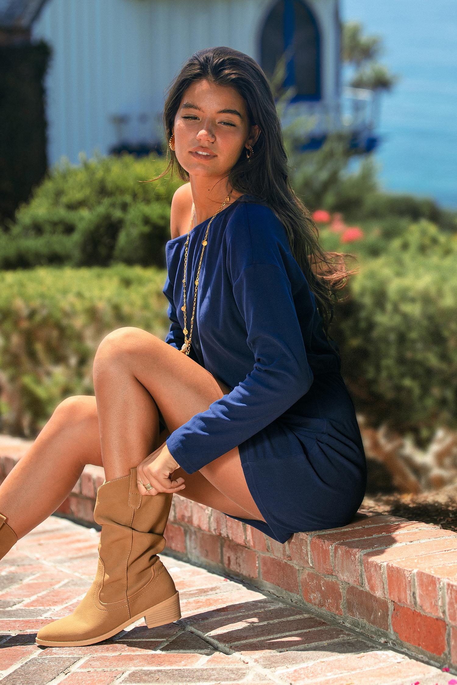 draped blue mini dress - l