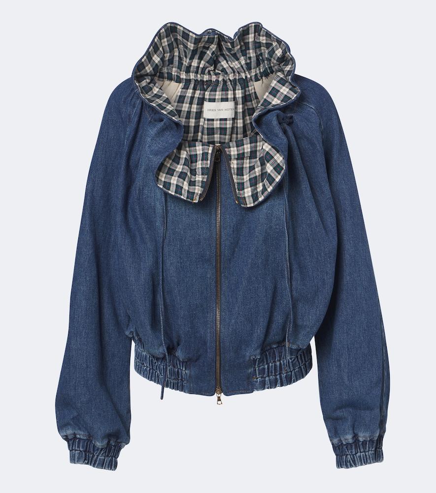 dries van noten checked ruffled denim jacket