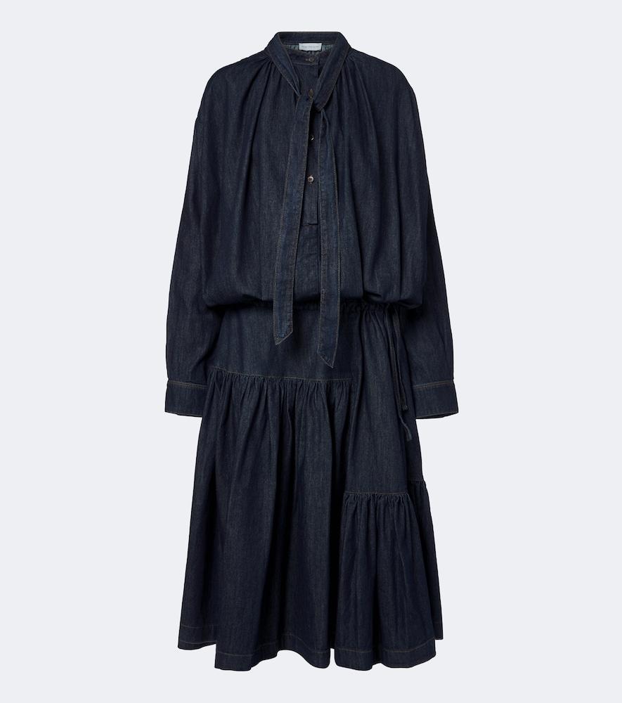 dries van noten tie-neck denim midi dress