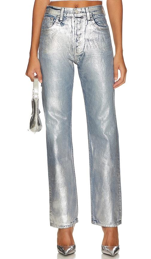 eb denim high rise straight jeans in metallic silver. - size 23 (also in 24, 25, 26, 28, 29)