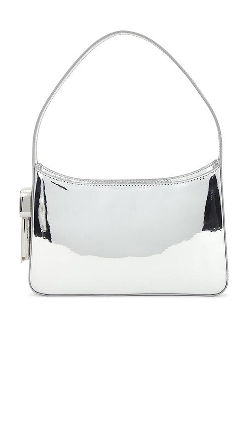 edie parker burn sholder bag in metallic silver.
