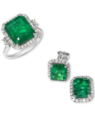effy emerald diamond stud earrings statement ring in 14k white gold