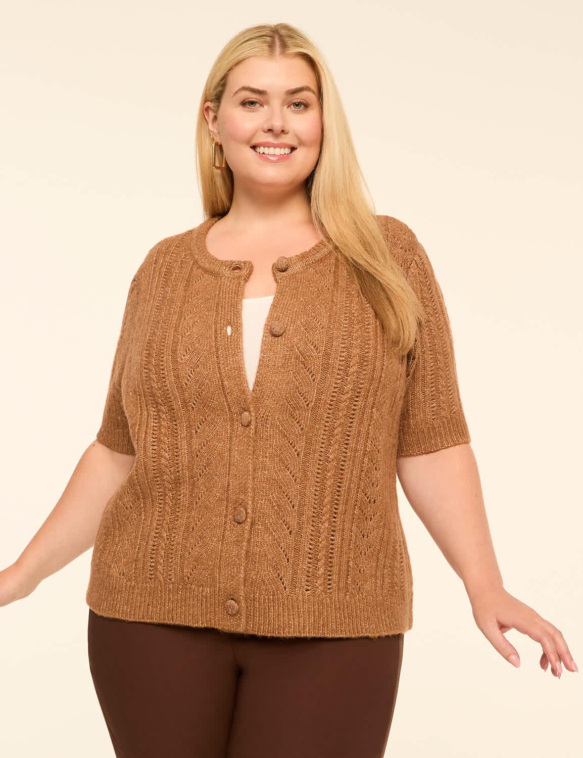 elbow-sleeve button-front cardigan