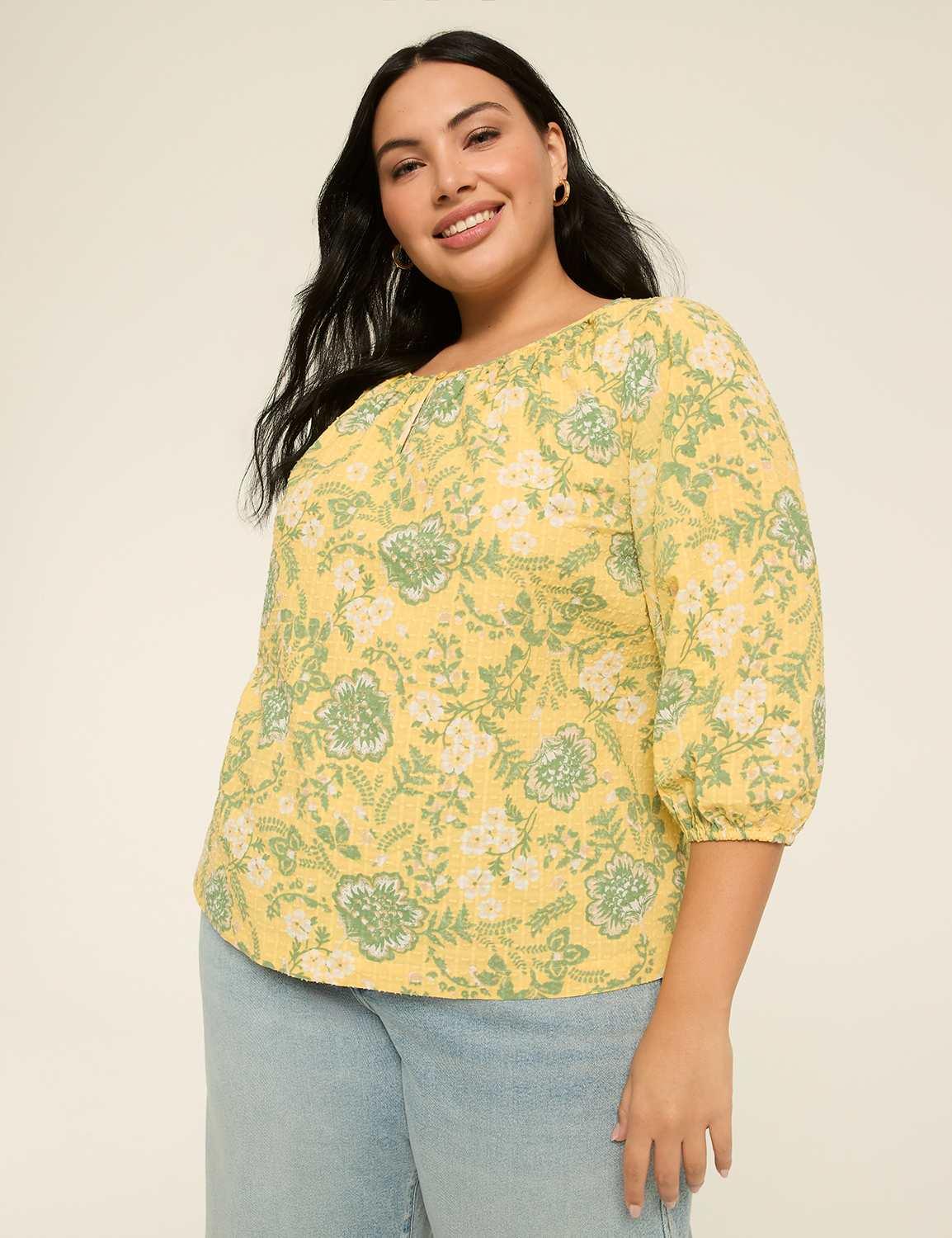 elbow sleeve scoop-neck blouse