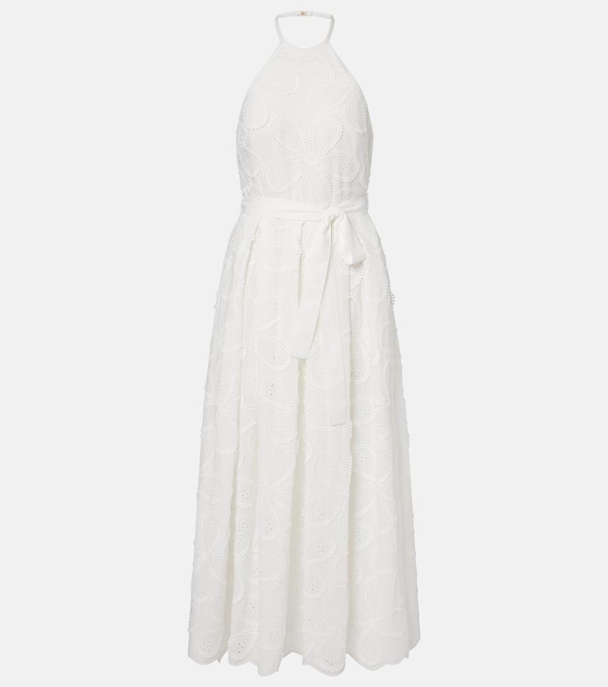 elie saab embroidered belted cotton-blend midi dress