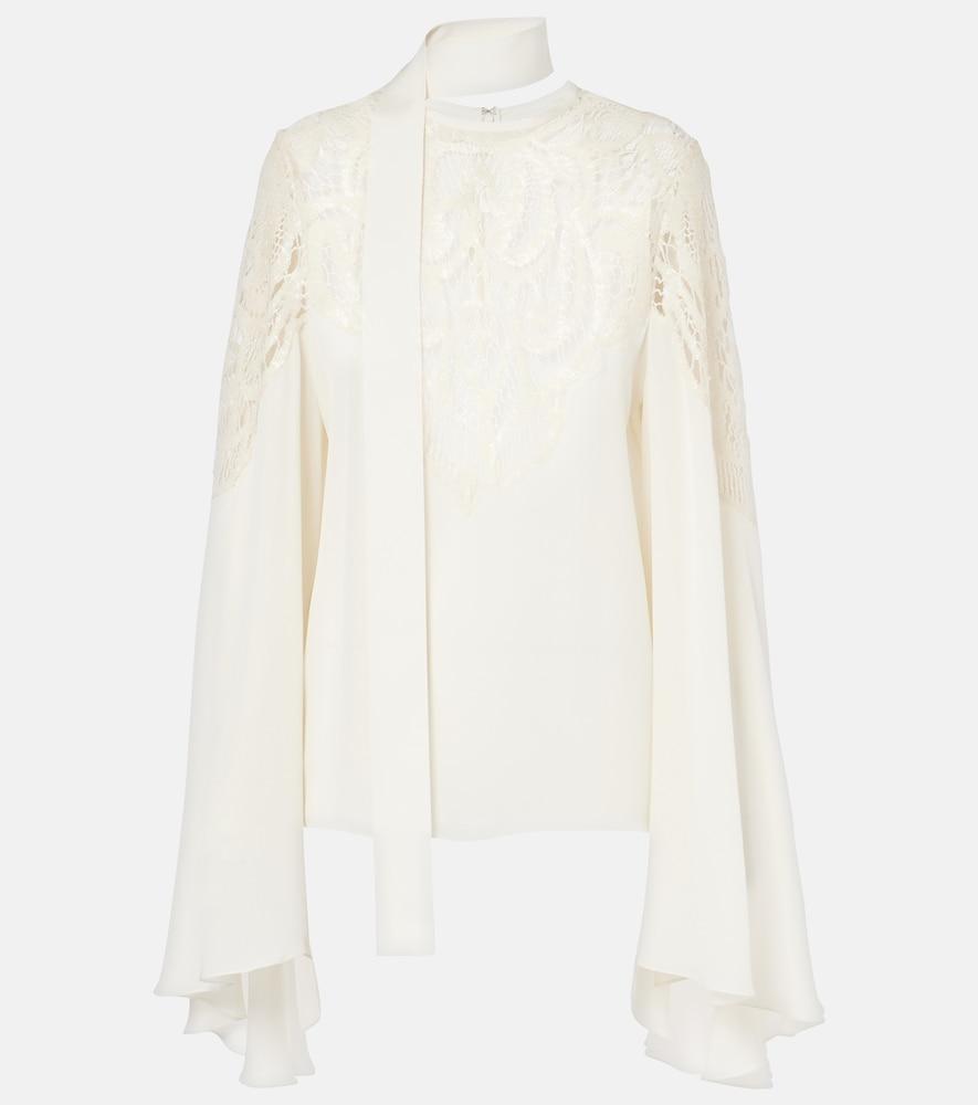 elie saab lace-trimmed tie-neck georgette blouse