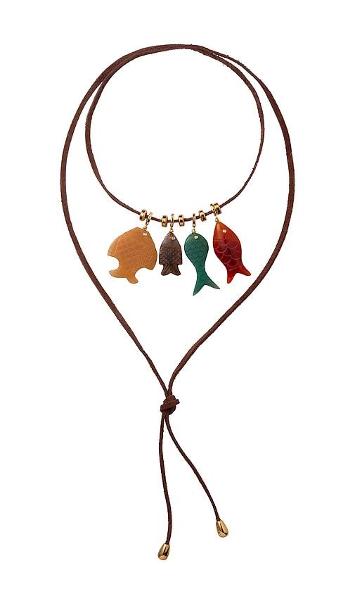 eliou fish charm wrap necklace in brown,red.