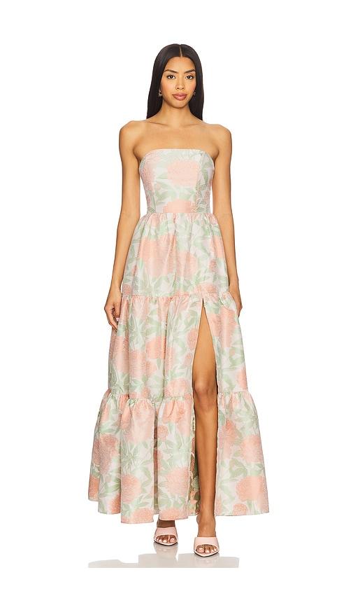 elliatt x revolve jacquard gown in peach,green. - size s (also in xs)