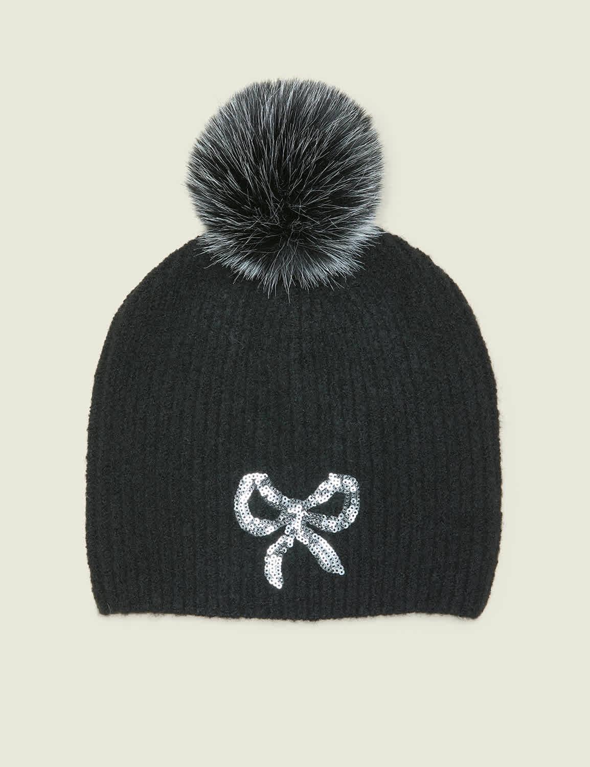 embellished bow pom-pom beanie hat