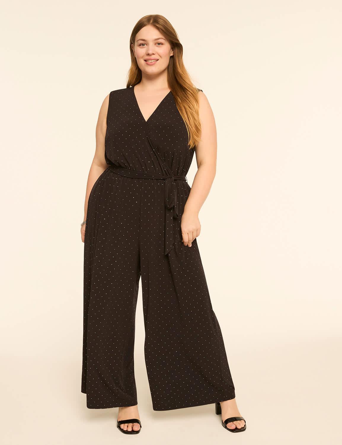 embellished sleeveless faux-wrap jersey jumpsuit