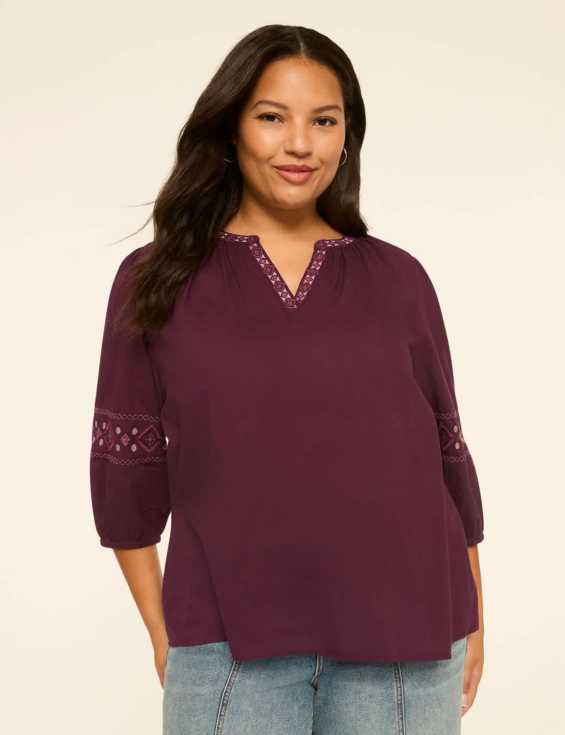 embroidered bracelet-sleeve split-neck popover top