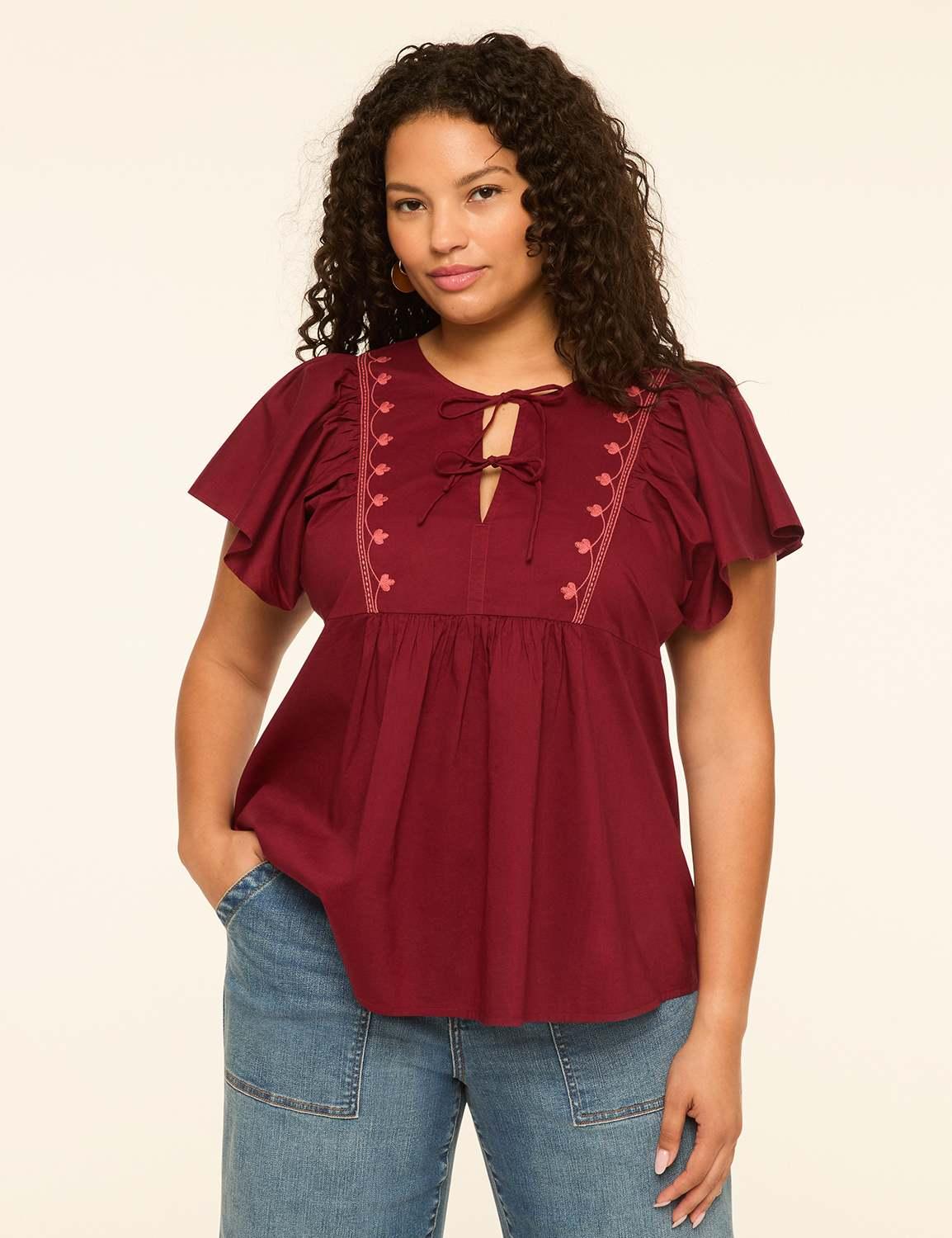 embroidered flutter-sleeve tie-front popover blouse