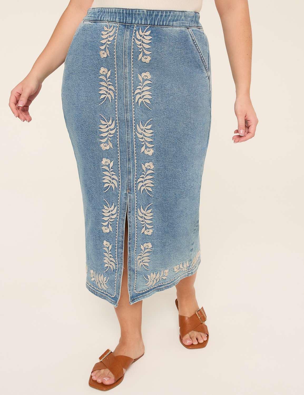 embroidered pencil denim skirt