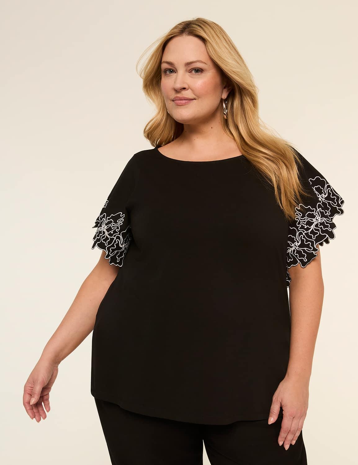 embroidered short-sleeve boat-neck top