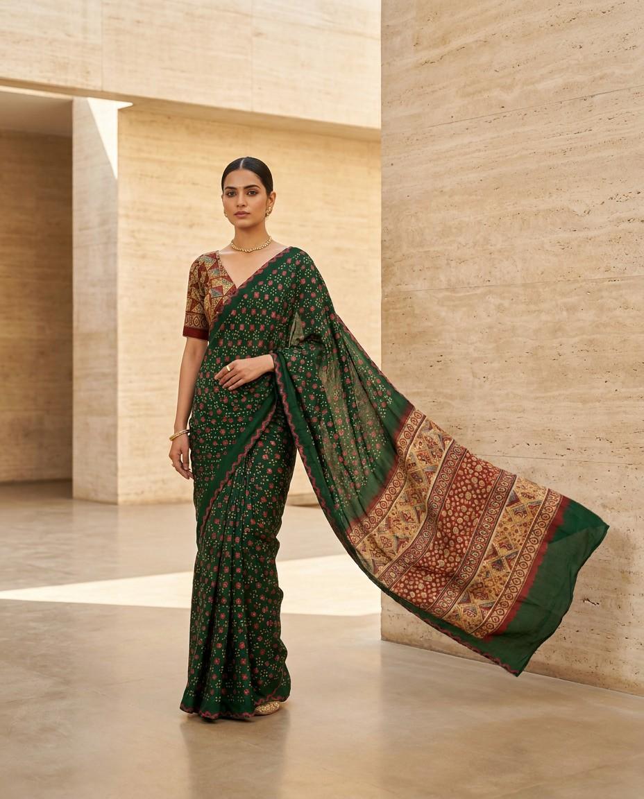 emerald-green ajrakh bandhani saree
