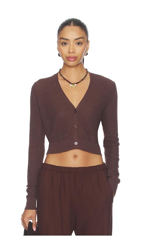 enza costa linen open knit cropped v-neck cardigan in chocolate. - size l (also in xs, s, m)