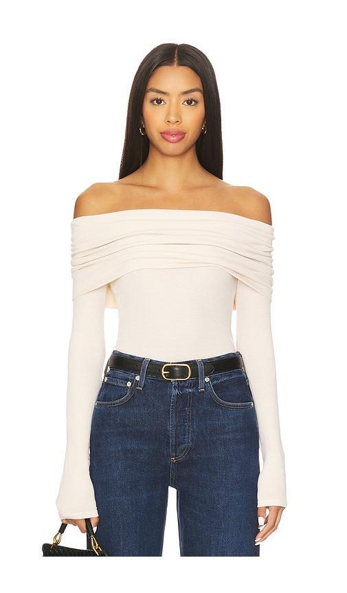 enza costa silk rib long sleeve off-shoulder top in beige. - size l (also in m)