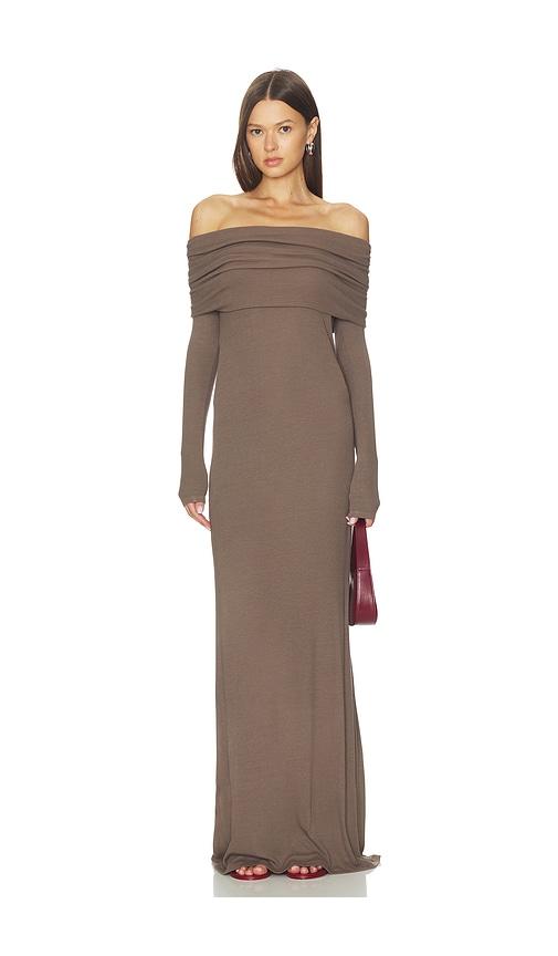 enza costa silk rib off shoulder fluid dress in brown. - size m (also in xs, s)