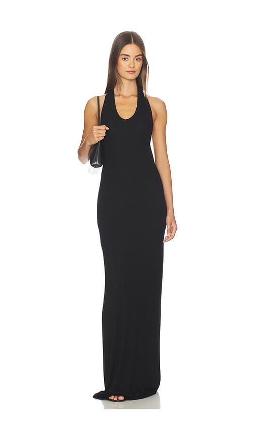 enza costa silk rib u-neck halter fluid maxi dress in black. - size l (also in xs, s, m)