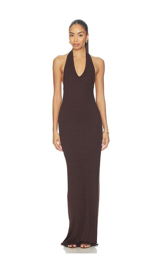 enza costa silk rib u-neck halter fluid maxi dress in chocolate. - size l (also in s, m)