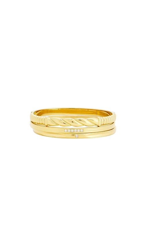 epifene thin crystal & croissant bracelets set of 3 in metallic gold.