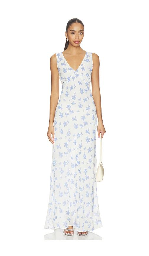 especia ainaloa long dress in white,blue. - size l (also in m, s, xl, xs)