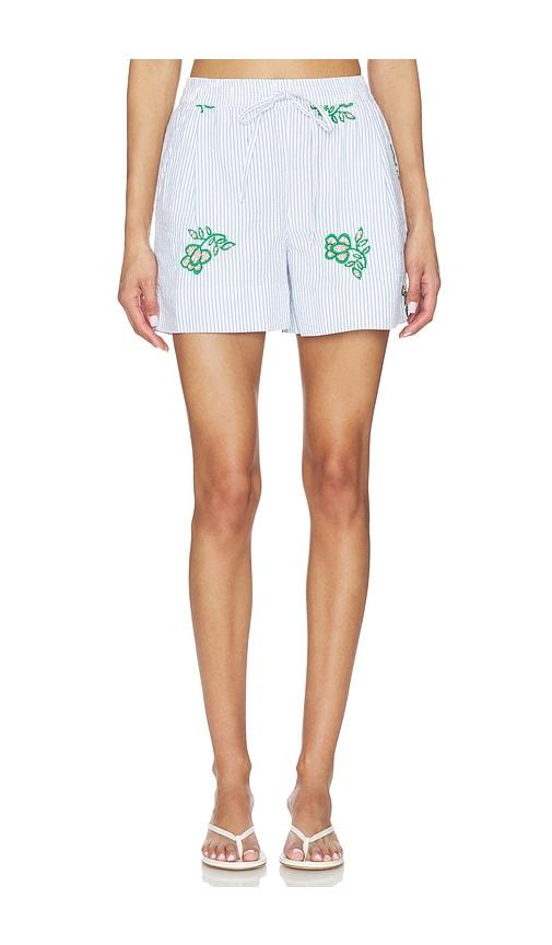 essentiel antwerp juste embroidered mini shorts in white,blue. - size 32 (also in 34)