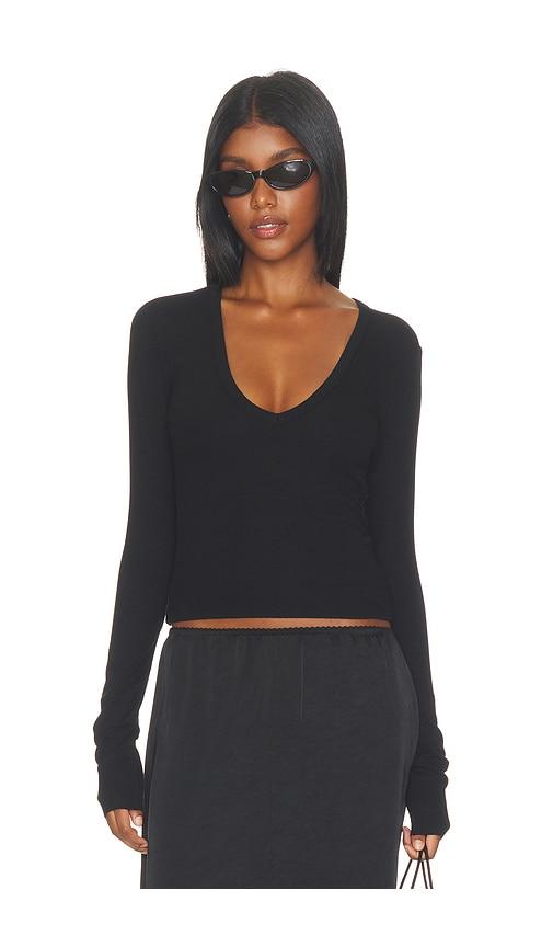 eterne butter rib long sleeve v-neck top in black. - size m (also in xs, s)