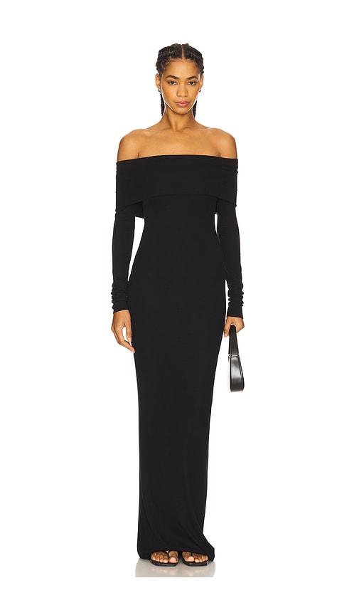 eterne long sleeve off-shoulder butter rib maxi dress in black. - size s (also in xs)