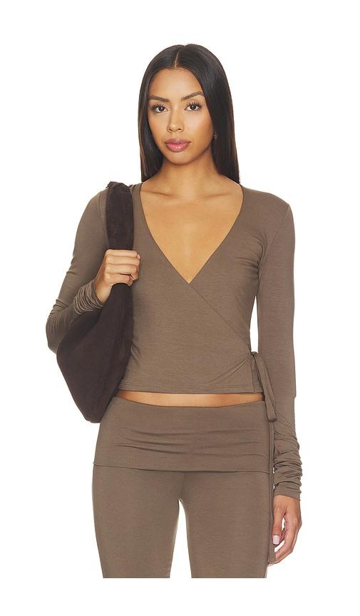 eterne soft jersey wrap top in brown. - size l (also in xs, s)