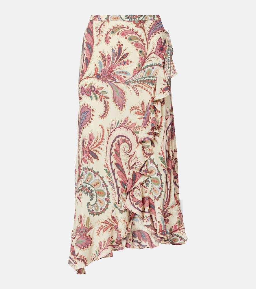 etro asymmetric paisley ruffled midi skirt