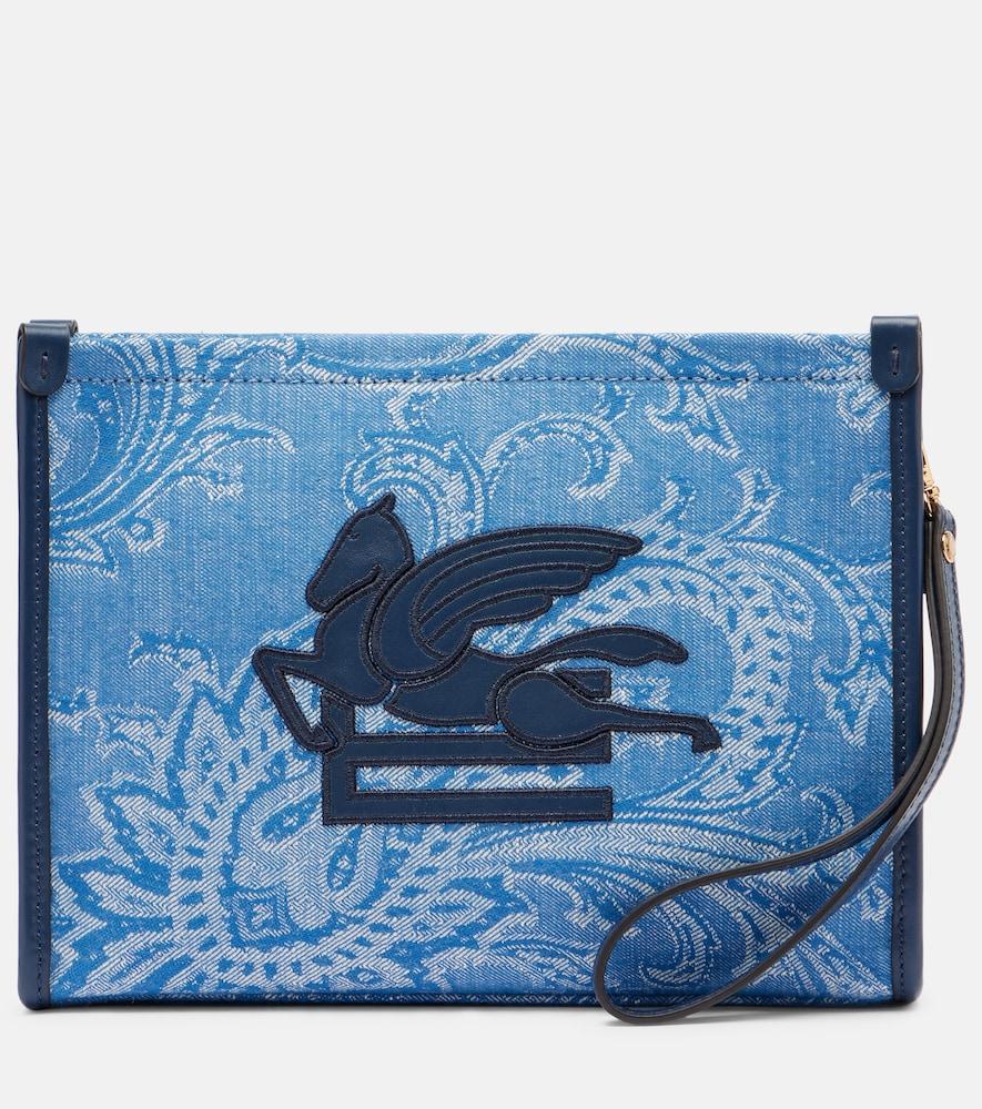 etro eyes mini embroidered denim jacquard pouch
